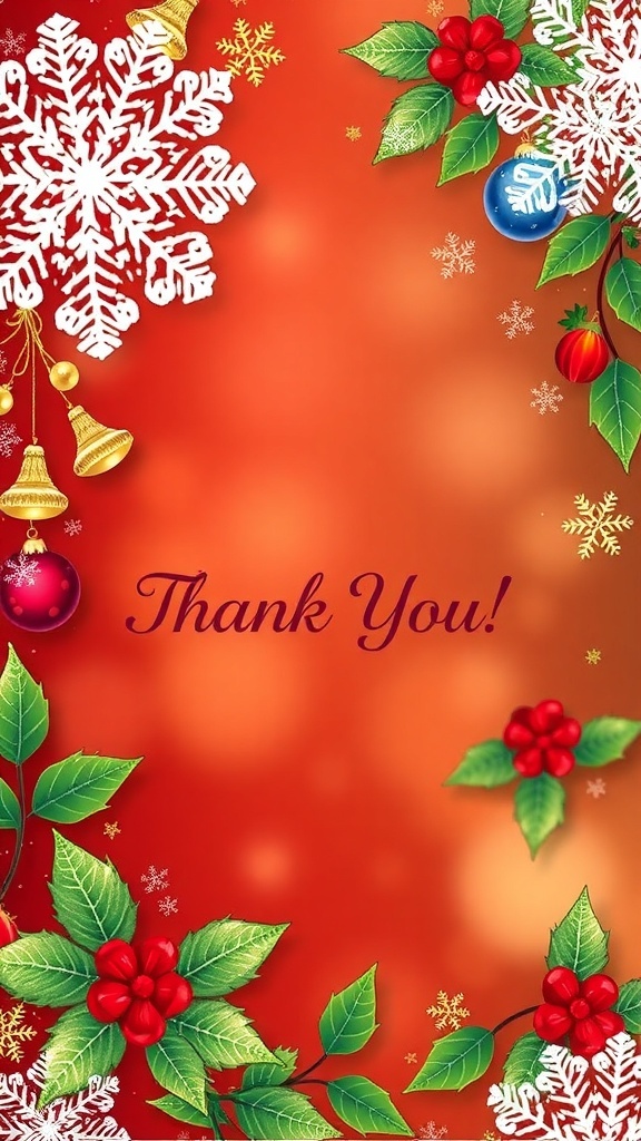 Christmas thank you card background with snowflakes, ornaments, and holly leaves in red, green, and gold.